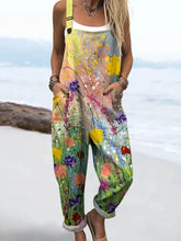 Women's Vintage Floral Pattern Art Print Casual Cotton Linen Wide Leg Jumpsuit